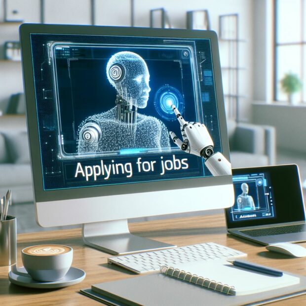 Computer screen with an AI person on the screen and the words applying for jobs